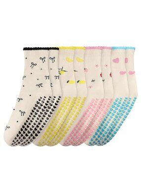 4 Pairs Women Non-Slip Yoga Socks Cute Ruffle Grippy Socks for Pilates Barre